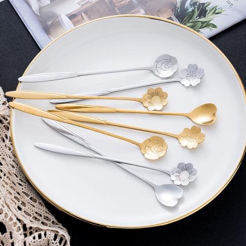 8pcs Cherry Blossom Coffee Spoon Cute Creative Stainless Steel Long Handle Teaspoons Ice Cream Honey Dessert Spoons Stir Tool