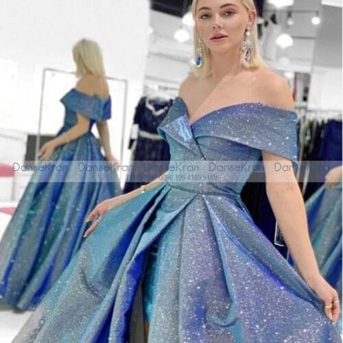 Charming Shimmery Prom Dresses 2021 Side Split Shiny Formal Evening Dresses For Party Off The Shoulder Vestidos De Gala