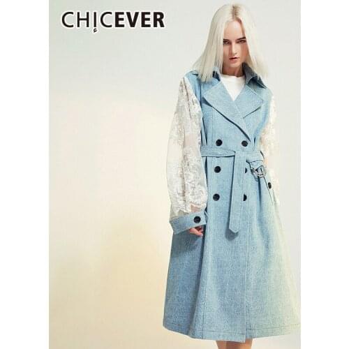 CHICEVER Elegant Denim Coats For Women Lapel Long Sleeve Patchwork Lace High Waist Sashes Slim A Line Windbreakers Female Spring