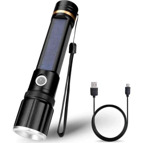 3 Modes Flashlight Torch Charging by Solar or USB Built-in Battery Working Lighting Portable Lamp Zoom Lantern