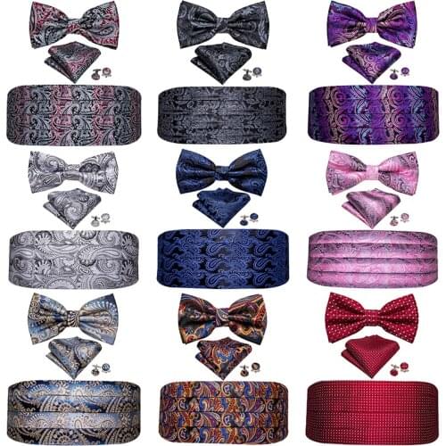Barry.Wang Formal Mens Cummerbund Silk Paisley Elastic Waistband Bow Tie Pocket Square Cufflinks Set Party Wedding Male YF-1002
