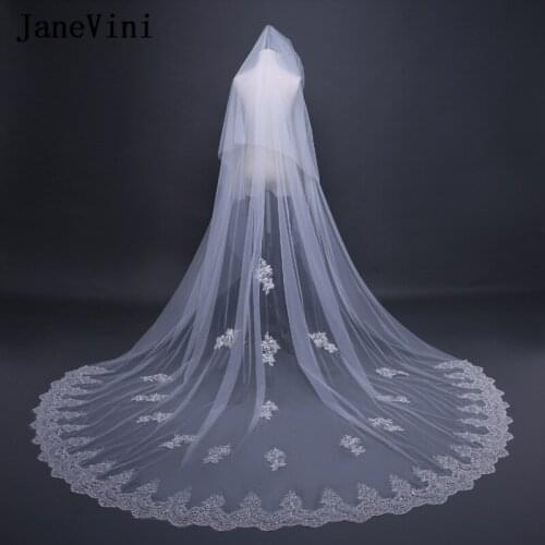 JaneVini Elegant Two Layers Cathedral Long Ivory Veil with Comb Appliques Edge Beaded Tulle Bridal Veil for Wedding Accessories