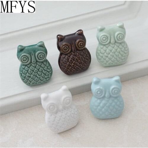 Owl Knobs Ceramic Drawer Knob Pulls Kids Dresser Handle Pull Kitchen Cabinet Pull Door Knob White Brown Blue Green for Children