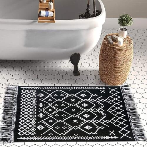 Bubble Kiss Plaid Cotton Rugs Black Boho Bathroom Rug Woven Boho Rug for Bedroom Black and White Bohemian Rug Bath Mat Easy Wash