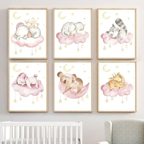 Rabbit Koala Elephant Deer Raccoon Cloud Moon Wall Art Canvas Painting Nordic Posters And Prints Wall Pictures Kids Room Decor