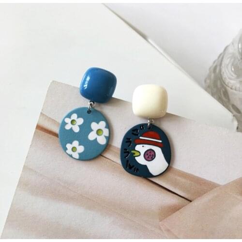 Girls Sweet Flowers Asymmetric Fake Earrings Duck Cute Cartoon Resin Earrings