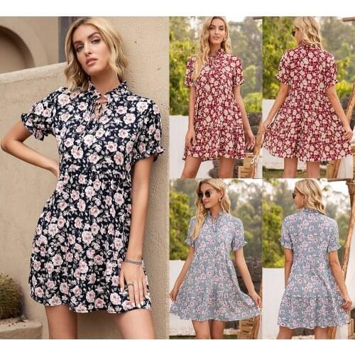 2021 Summer New Style European And American Womens Floral Print Short-sleeved Dress With Wood Ears Available Multiple Colors