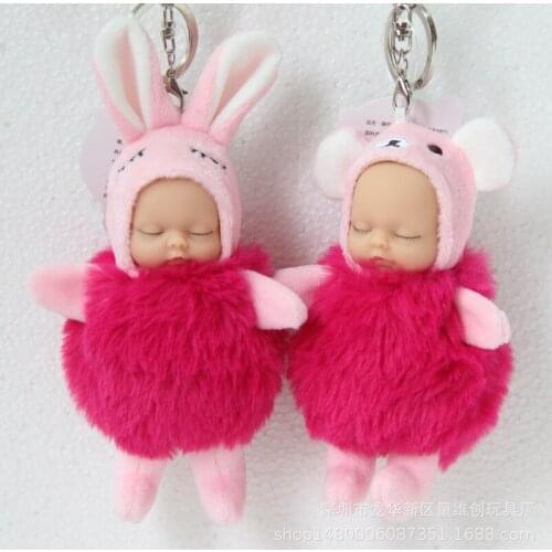 NEW Cute Sleeping Baby Doll Pacify plush toys KeyChains For Women Bag Toy Key Ring Fluffy Pom pom Faux Fur Plush Keychains