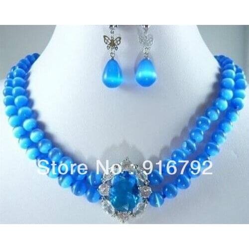 Wholesale free shipping >>>>>Pretty 2 Rows 8MM Blue Opal Necklace Earring