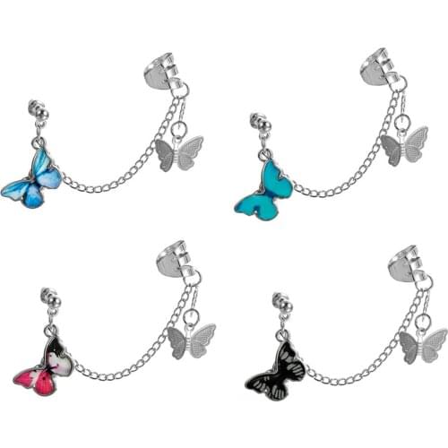 2021 Trend Hanging Butterfly Clip Earrings Ear Hook Rock Hoop Punk Double Pierced Unusual Earring Women Girls Goth Jewelry