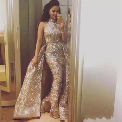 Saudi Arabic Muslim Evening Dresses Mermaid High Collar Lace Formal Islamic Dubai Kaftan Detachable Long Evening Gown