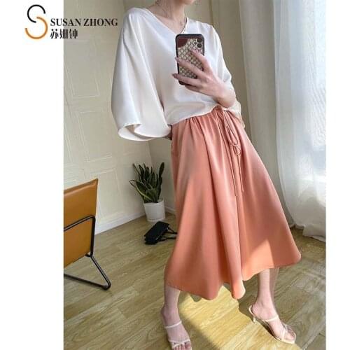 Women Skirt A-Line Mid Calf 2021 Spring Summer Elegant High Waist Lace Up Bow Pleats Satin Pink French Romantic Korean Fashion