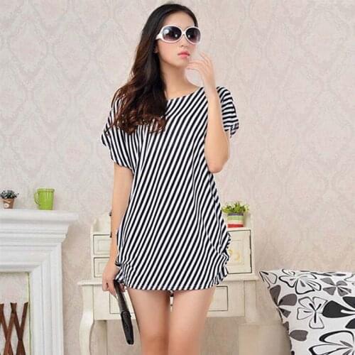 Women Summer Plus Size T-shirts Silk Ice Shirts Short Sleeve O-Neck Loose Striped casual Tops