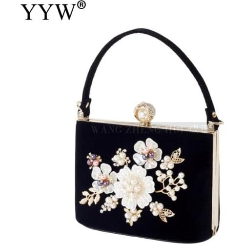Female Pearl Handbag Women Vintage Purple Crystal Flower Evening Bag Velvet Wedding Party Bridal Floral Clutch Velour Bag Purse