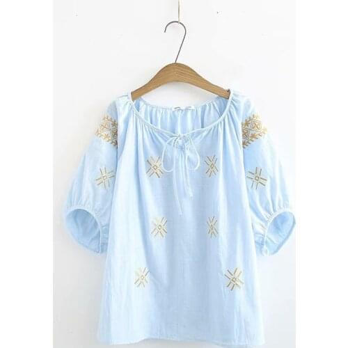 Plus size new female t-shirts round neck loose embroidery short-sleeved shirts