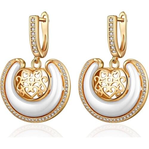 Creative Design Round Ceramic Earrings Cubic Zirconia Gold Silver Color Hollow Heart Big Drop Earrings for Women Jewelry Gifts