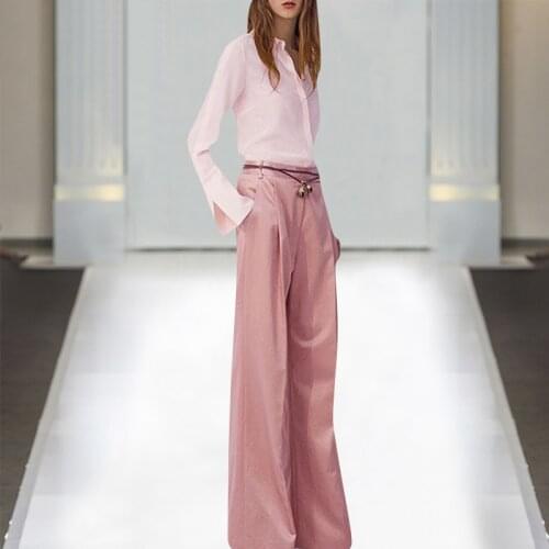 Runway New Cute Pink Long Sleeve Shirt +Pink Pant Womens pant suit 210222LJ02