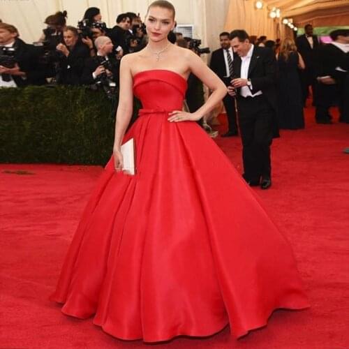 Vestidos de noiva 2020 Red Strapless Satin Ball Gown Floor Length Prom Dress Bow Formal Dress Evening Celebrity Dresses