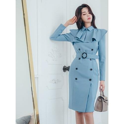 High Waist Fitted Sheath Dress Women Fall Winter OL Turn-down Collar Pencil Dresses Belt Solid Color Bodycon Vestidos
