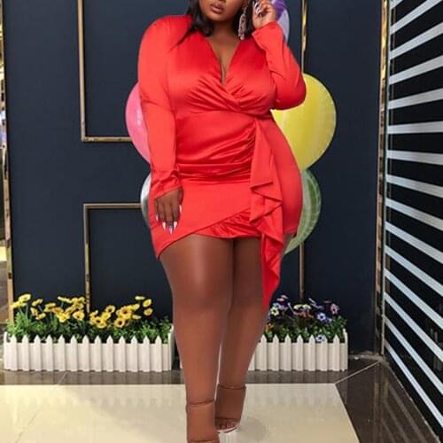 Plus Size Sexy Deep V Neck Long Sleeve Dresses Women Party 4XL Ruffles Robe Satin Night Club Bodycon Mini Dress Vestido Mujer
