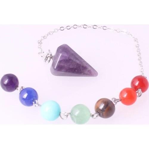 1PC 7 Chakra Amethysts Natural Stone Yoga Necklace Raw Quartz Natural Stone Dowsing Pendulum Necklaces Reiki Rainbow Jewelry