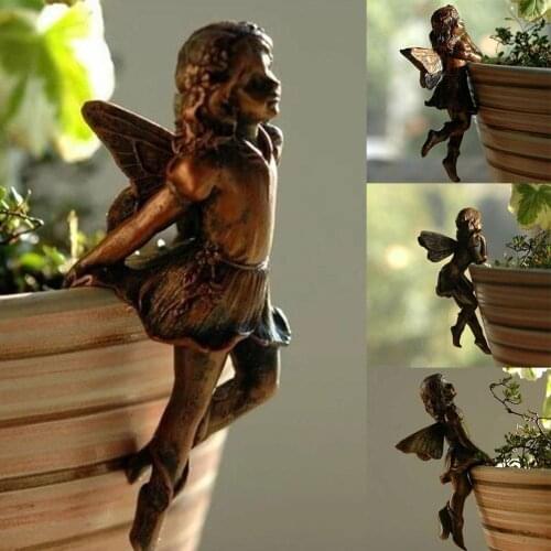 1Pc Fairy Girl Hanging Cup Resin Statues Garden Design Pot Ornaments Fairy Combination Flower Basket Edge Art Decor Home Crafts