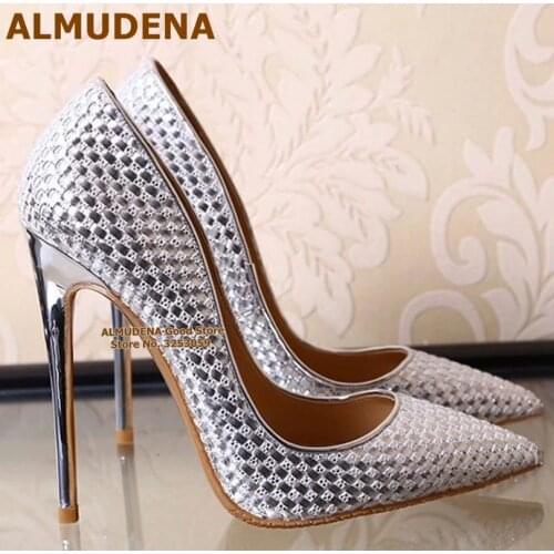 ALMUDENA Silver Embossed Pattern High Heels Pointy Toe Plaited Dress Pumps 12 10 8cm Braided Stiletto Heel Wedding Shoes Size45