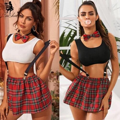 Leechee Sexy Lingerie Hot Women Sexy Bra+mini Plaid Skirt +Cute Bow+Strap+G-String 4pcs set Cosplay School girl Erotic Costumes