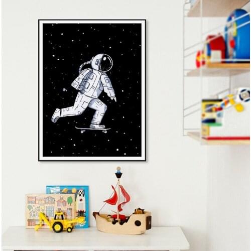 Cartoon Astronaut Skateboarding Surfing Canvas Painting Wall Art Nordic Posters and Prints Wall Pictures for Living Room Decor