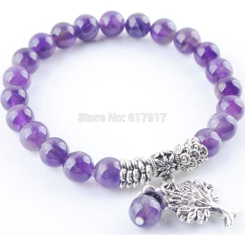 Natural Amethysts Stone 8mm Beads Women Bracelet Healing Reiki Tree Of Life Charm Meditation Bracelet Stretchy Jewelry 7" TK3213