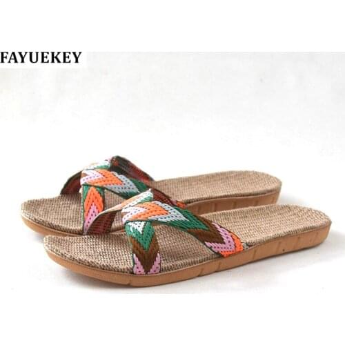 FAYUEKEY Women Summer Home Linen Candy Colors Breathable Slippers Indoor Floor Beach Flax Slides Sandals Flat Shoes
