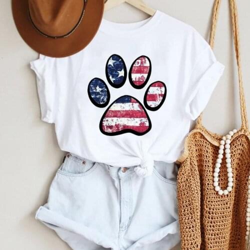 Women Paw Dog American USA Flag Clothing 90s Style Cartoon Summer Lady Print Tee Graphic T Top Female Tshirts Clothes T-Shirt