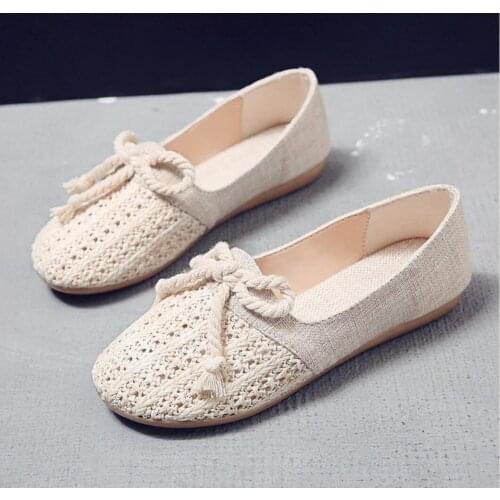Summer Cotton linen Flat shoes comfortable Soft shoes Women Woven hollow out Mesh Flats loafers ladies slip on ballet flats boat