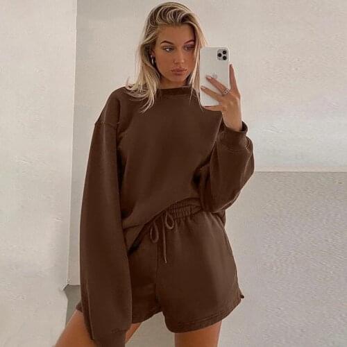 2021 Casual Pullover Sweatshirt 2 Piece Set Women Fleece Hoodie and Shorts Suits Autumn Winter Basic Sporty Tracksuit Streetwear