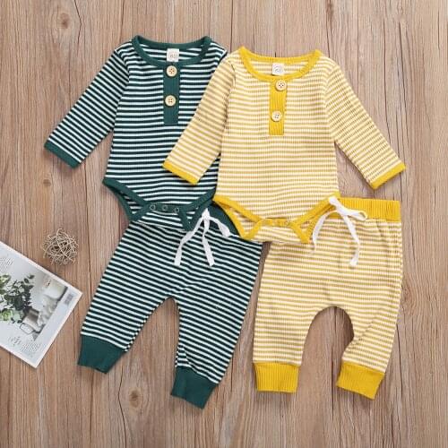 2Pcs Newborn Baby Girl Boys Clothes sets Striped Long Sleeve Rompers Top Trousers Outfits Autumn Winter Clothing 0-24M