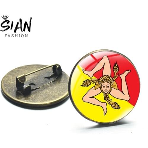 SIAN Sicily Trinacria Art Painting Brooch Bronze Silver Plated Glass Dome Badge Handcrafted Jewelry Accessories Brooches Clothes