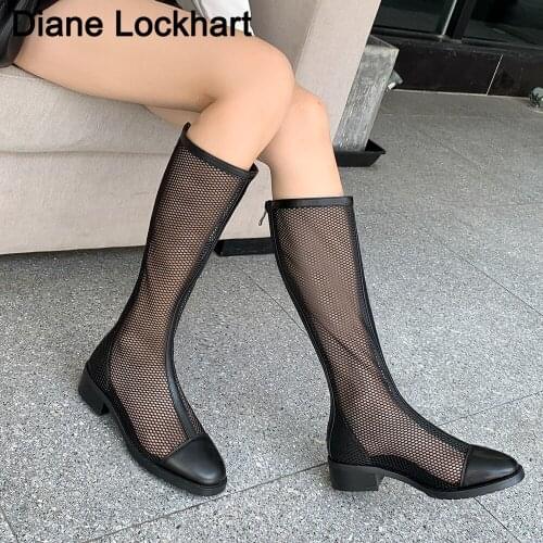 Breathable Zipper Flat Boots Roman Wind Hollow Mesh Sandals Women Knee-High Boots Summer New Tide Female Shoes Black Apricot