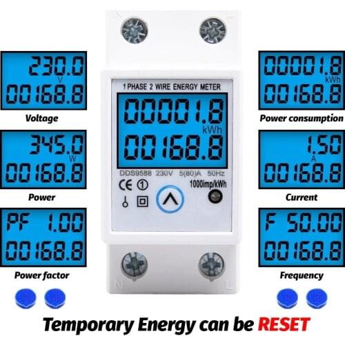 Din Rail Digital Single Phase Reset Zero Energy Meter kWh Voltage Current Power Consumption Meter Wattmeter Electricity AC 220V