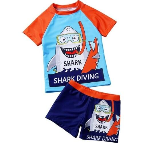 Citgeett Summer Kids Boys Two-piece Swimming Clothes Set Blue Short Sleeve Tops + Shorts Set