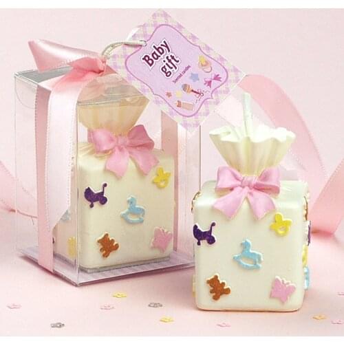 Creative smokeless scented cute pink and blue baby gift box cake decorated candles for children kid birthday party wedding gifts