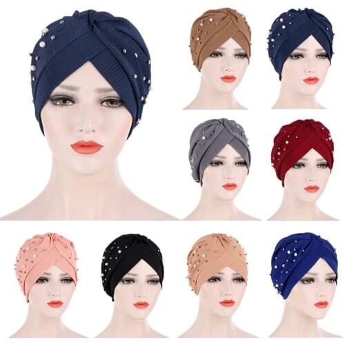 Muslim Women Ruffle Bead Turban Hat Hijabs Scarf Banadans Cancer Chemo Beanie Caps Headwear Headwrap Ladies Hair Accessories New