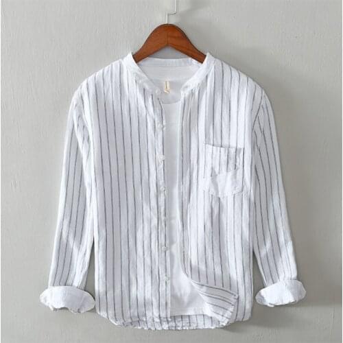 Suehaiwes brand Italy style long-sleeved stripe white shirt men stand collar casual shirts for men fashion comfortable shirt me