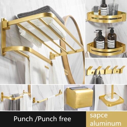 Punch Free Bathroom Brushed Gold Accessories Set Folding Towel Rack Space Sluminum Shower Caddy Shelf Toothbrush Holder Metal