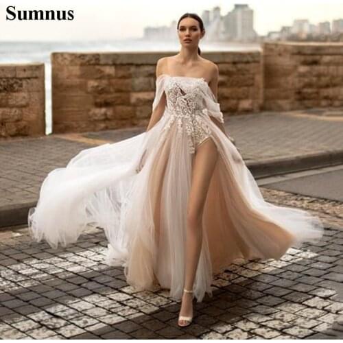 Sumnus New Beach Wedding Dress Sexy Off Shoulder Side Split Lace Backless Bridal Dress Tull Boho Wedding Gowns Princess
