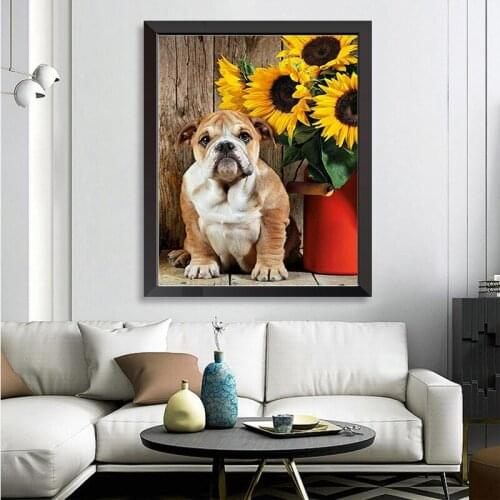 New 5D DIY diamond painting puppy lawn flower mosaic cross stitch round animal home decoration rhinestone embroidery gift