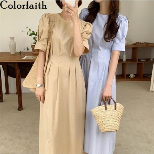 Colorfaith New 2021 Women Summer Dresses Lace Up Vintage Puff Sleeve High Waist Elegant Korean Style Pure Lady Long Dress DR1338