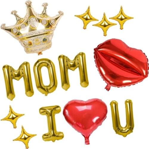 Practical 13Pcs Mom I Love You Set for Mothers Day Party Family Decoration 16Inch Gold Letter Red Heart Balloons Foil Ball