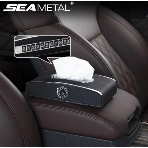 Luxury Car Tissue Holder Microfiber Leather Napkin Holder with Quartz Clock Parking Number Plate Auto Tissue Box Car Products