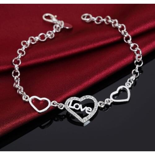 Silver exquisite heart crystal for women lady cute noble nice bracelet fashion charm chain jewelry wedding party gift LH015