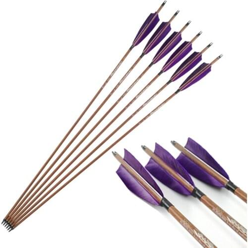 Archery Wooden Skin Spine 400 500 600 ID6.2 Pure Caron Arrows Shaft Feather Vanes Compound Recurve Tranditional Bow Hunting